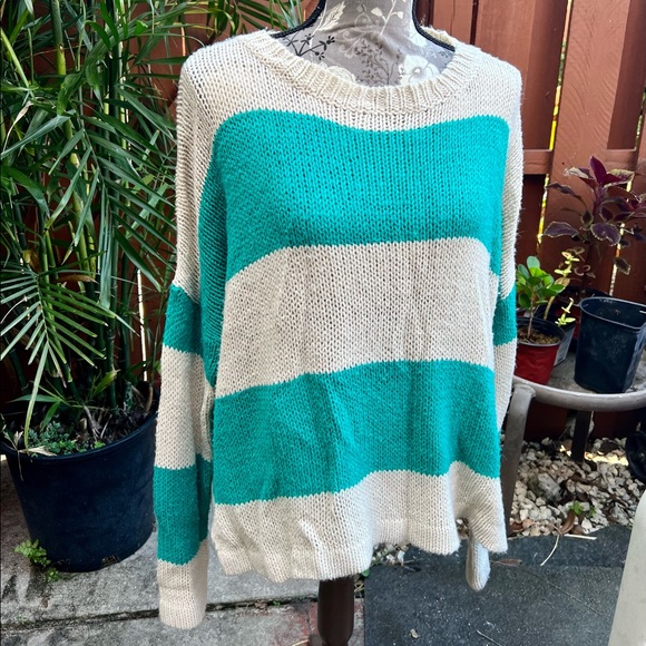 Striped Soft Cable Knit Teal Green Cream Pull Over Crew Neck Sweater Lg - Picture 2 of 7